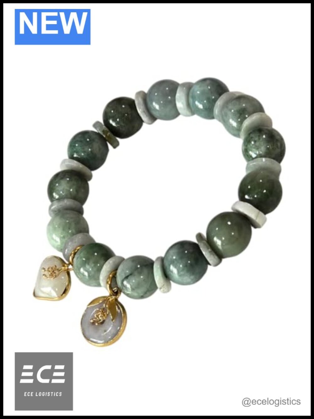 Natural Jade Beaded Stretch Bracelet with Heart Charm & Spacer